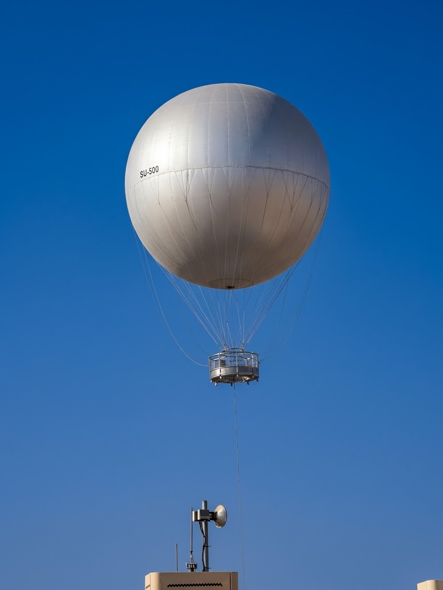 Close-up of fixed balloon gondola and steel tether cable near Giza Pyramids