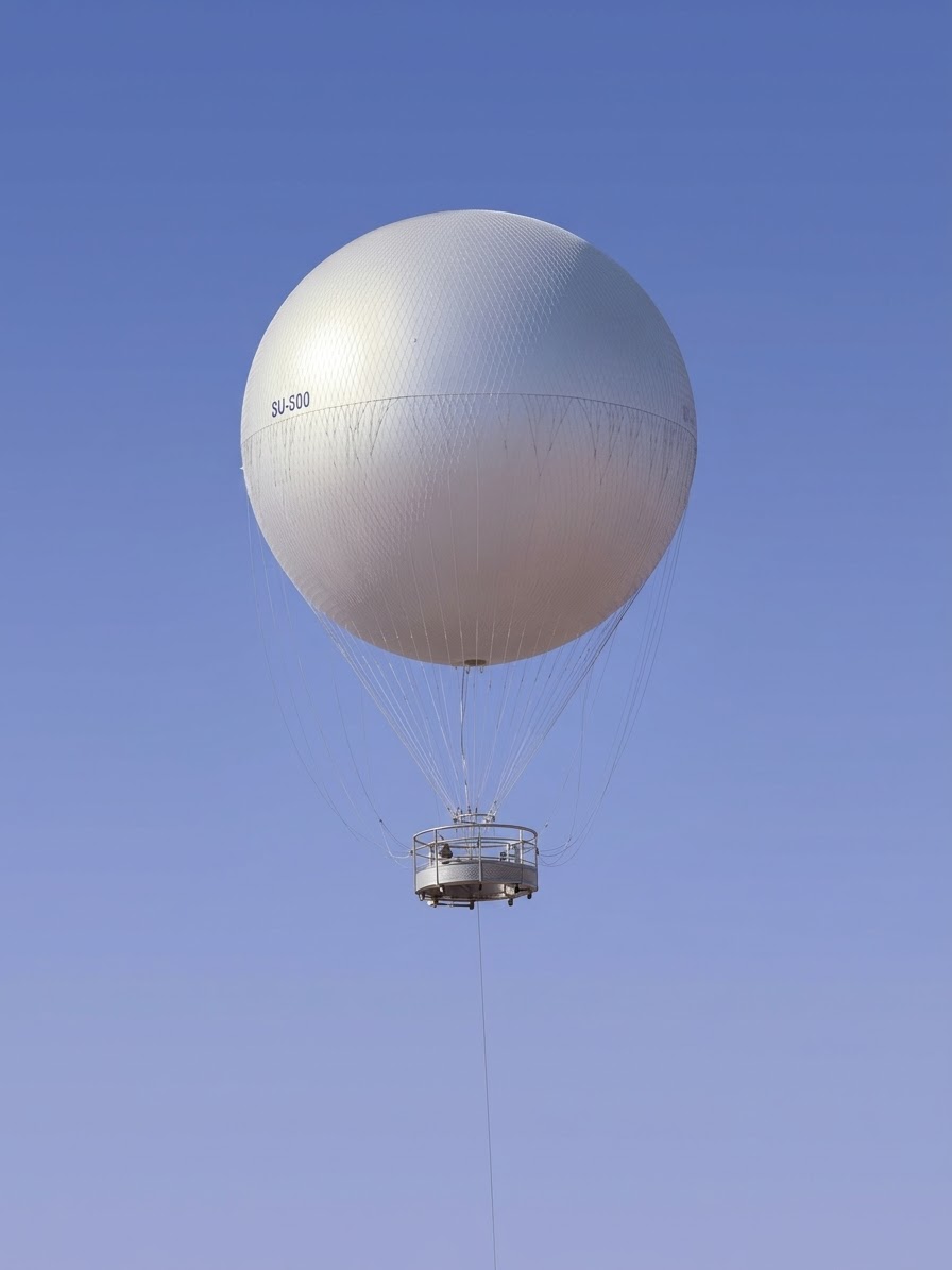 Fixed tethered balloon flying over Giza desert near the Pyramids of Egypt