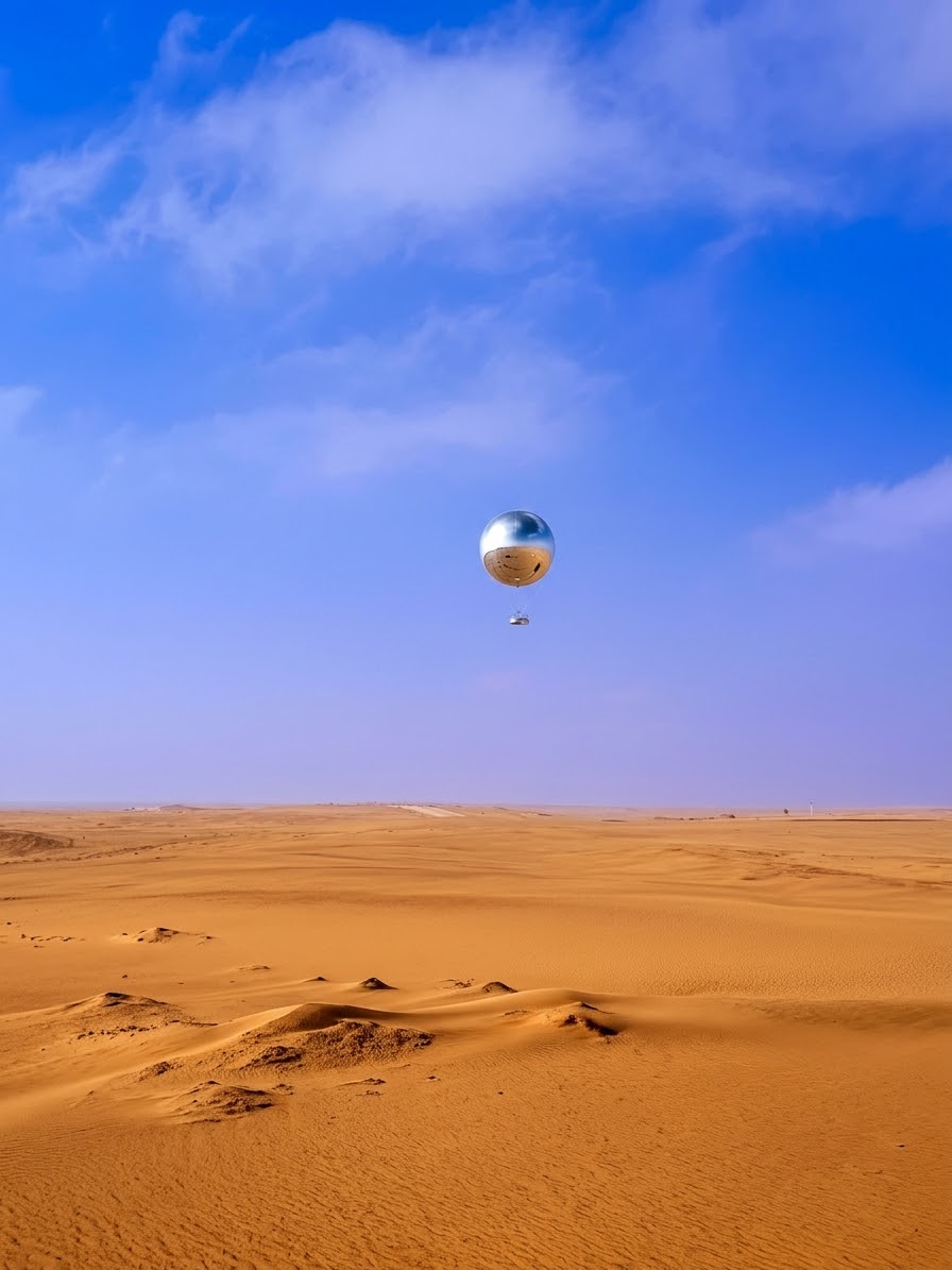 Giza Pyramids tethered balloon during trial testing flight over desert dunes